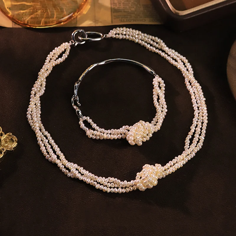 Vintage Handmade Pearl Knotted Clasp Necklace Bracelet Set Elegant Minimal Luxury Women Wedding Party Fashion Jewelry Accessory
