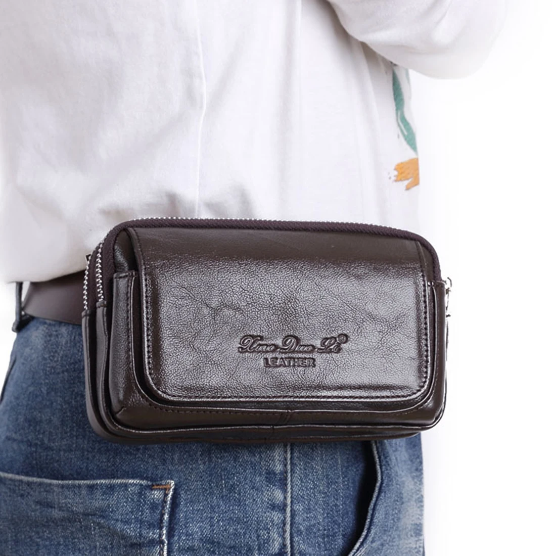 Men Cowhide Genuine Leather  Cell/Mobile Phone Cover Case skin Hip Belt Bum Purse Fanny Pack Waist Bag Pouch