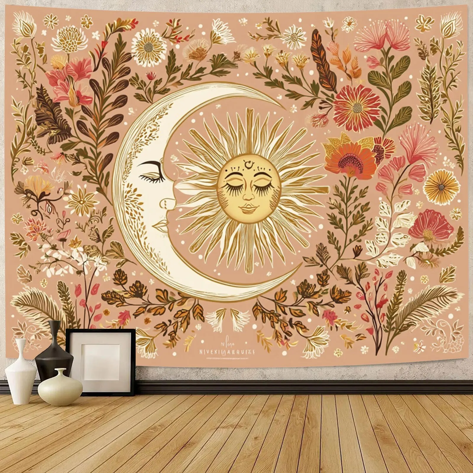 Sun And Moon Tapestry Vintage Bohemian Wall Hanging Sun And Moon Embracing With Floral Entwining Dreamy Realm Tapestry Wall Bann