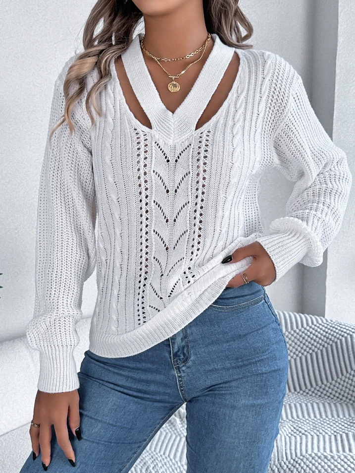 Autumn Fashion Sweater Sexy Casual Hollow V-Neck Fried Dough Twists Lantern Sleeve Pullover Sweater Elegant Sweater for Women