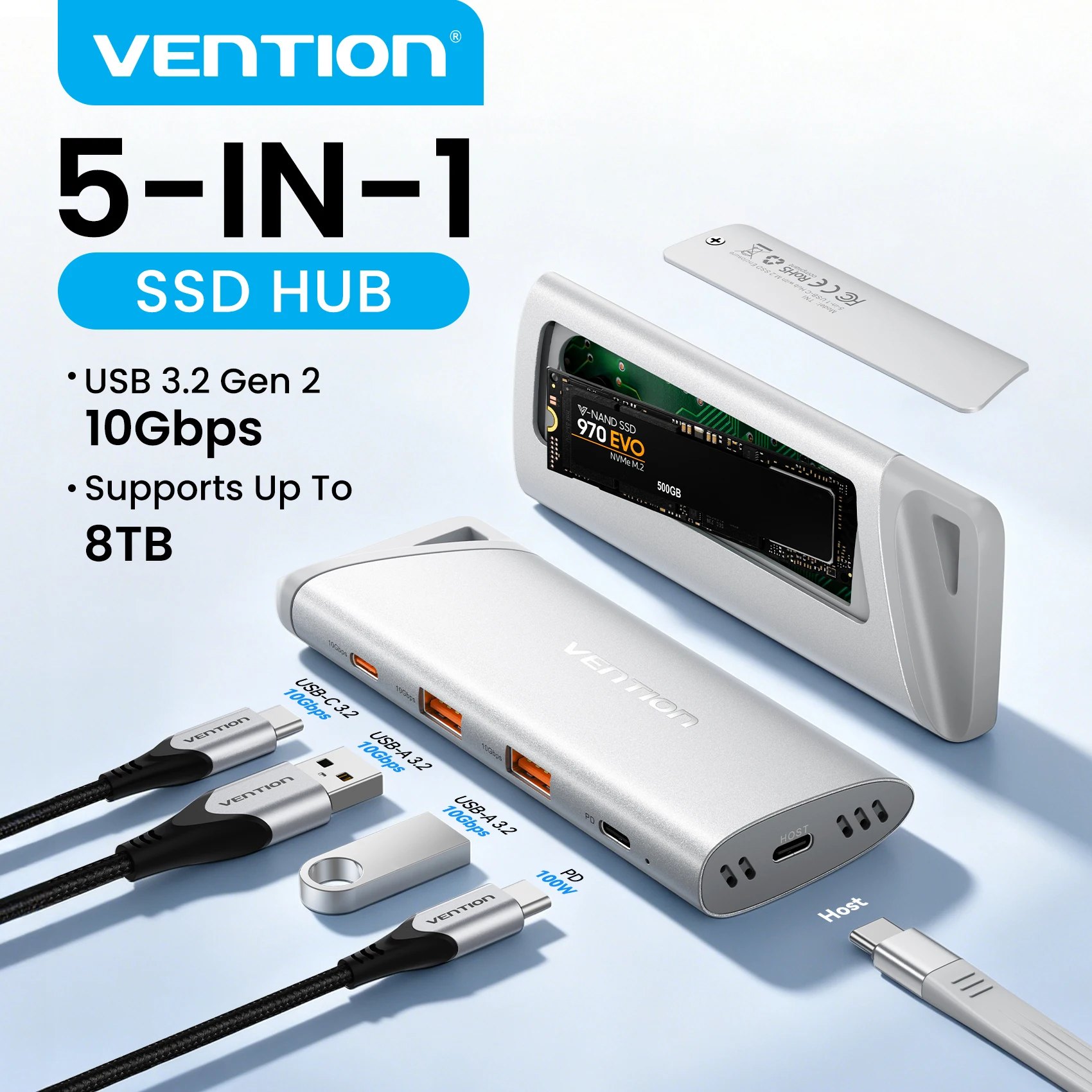 Vention USB C SSD Enclosure HUB M.2 NVMe Adapter USB 3.2 10Gbps PD 100W Charger Supports 8TB Max for MacBook Win Dell Laptop