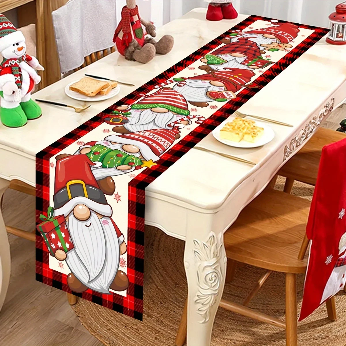 Christmas Gnome Buffalo Plaid Linen Table Runner Party Decor Reusable Winter Kitchen Dining Table Runners Christmas Decorations