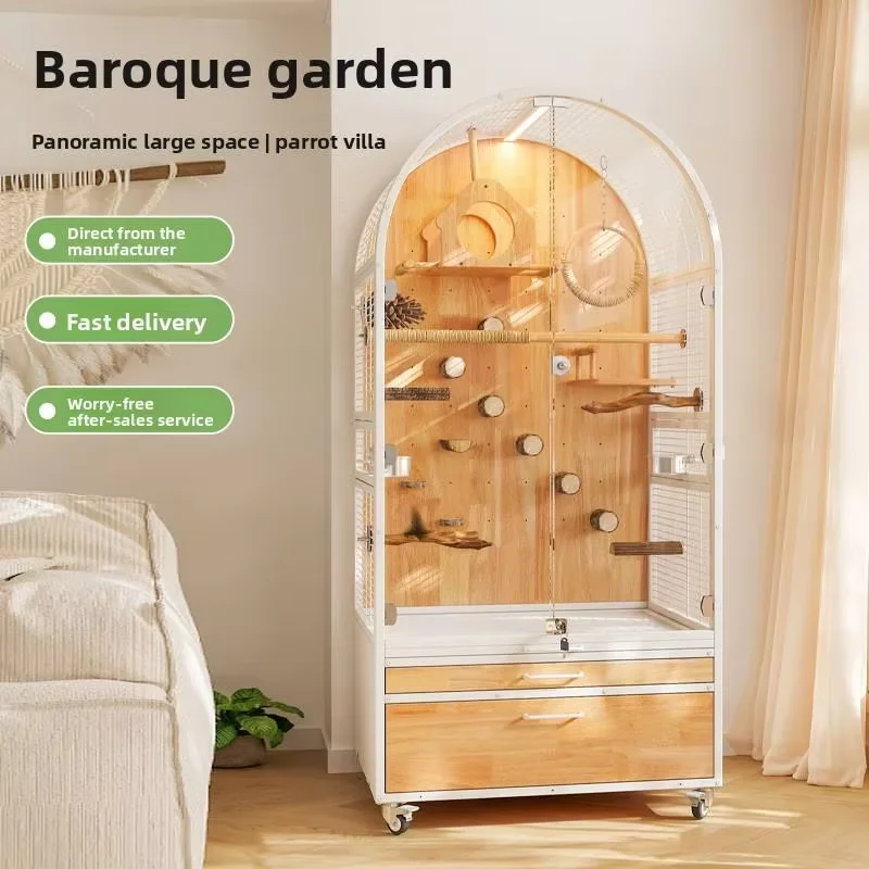 Premium Solid Wood Large Bird Cage Panoramic Transparent Glass Villa With Wheels And Drawers For Parrot Housing