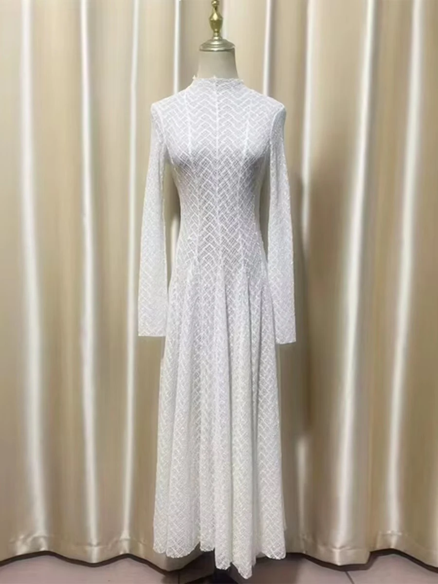 VGH Sexy White Tiered Slim Long Dresses for Women Stand Collar Long Sleeve Patchwork Embroidery Temperament Dress Female Clothes