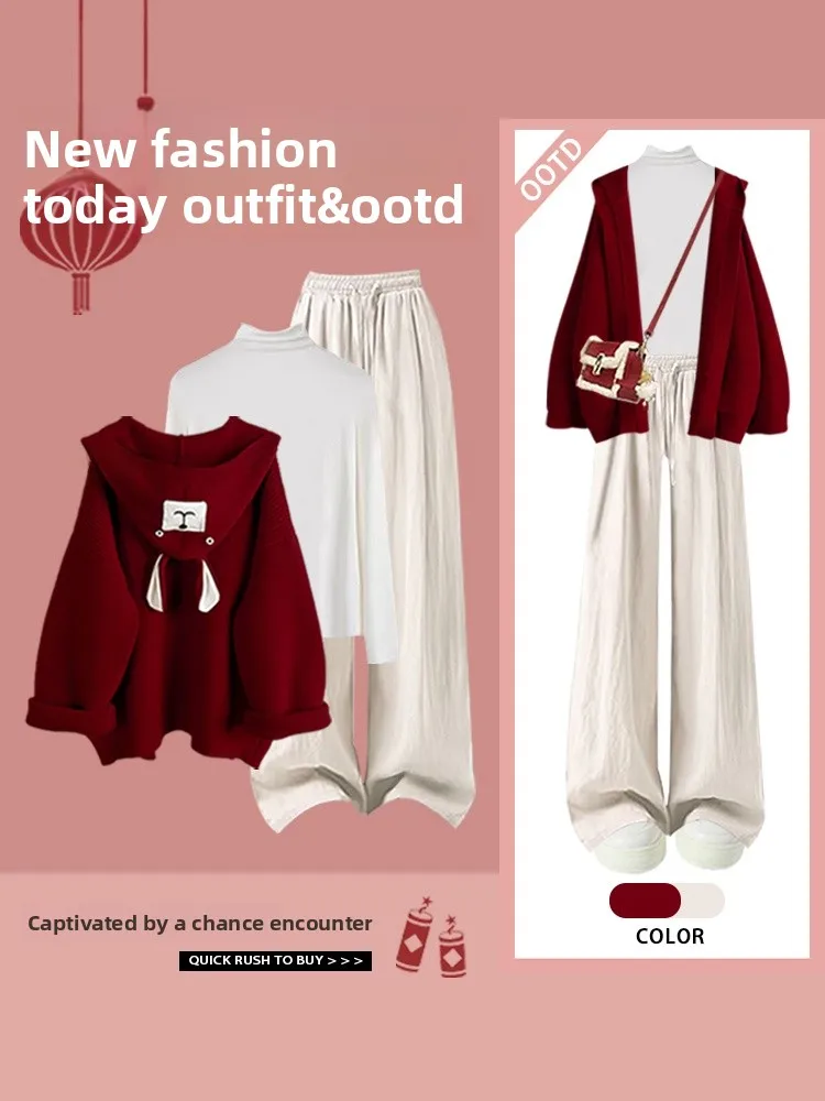 

Красный свитер-жакет женский осенне-зимний, повседневный базовый топ, высококачественные облегающие брюки, модный комплект для Нового года