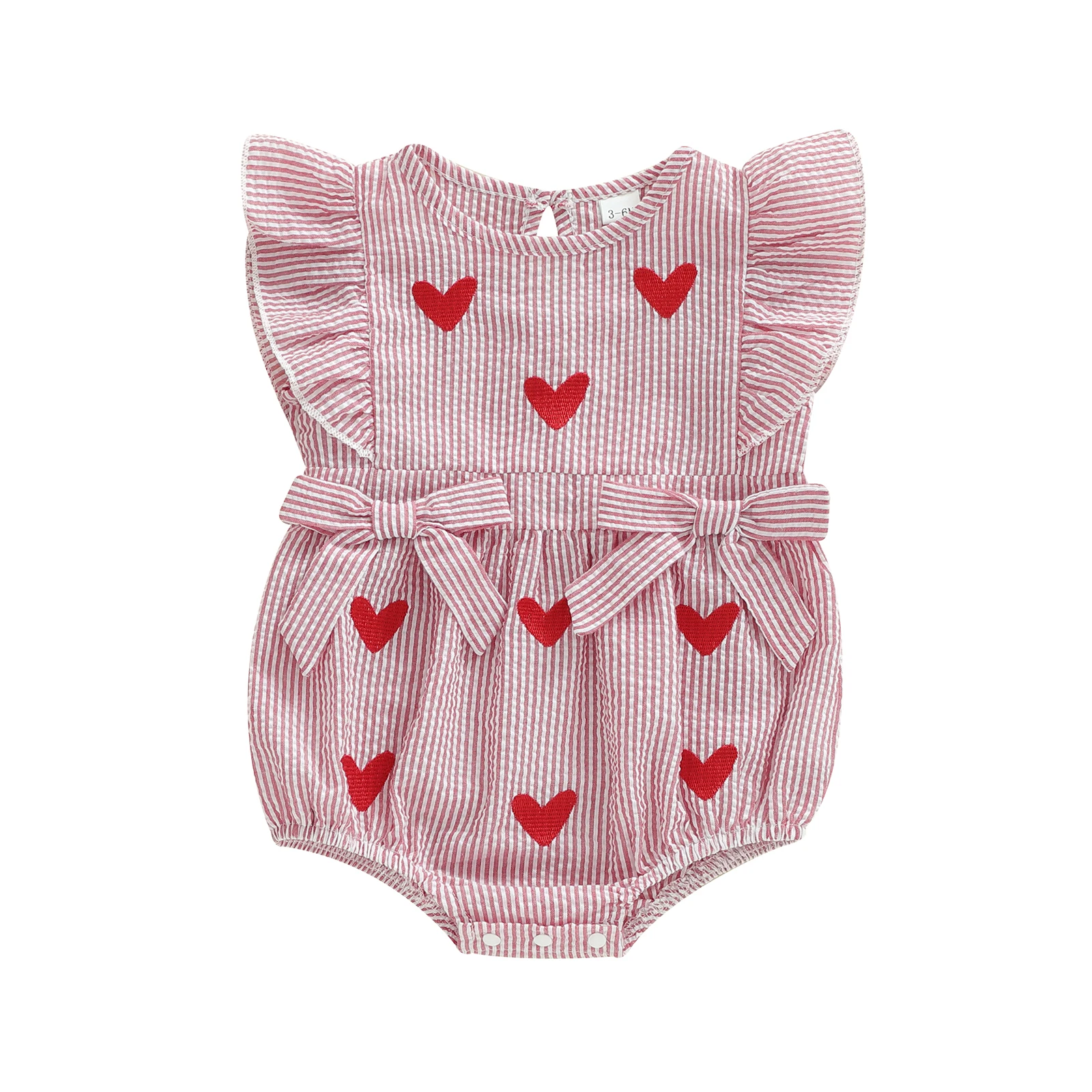 

Adorable Toddler Girl Valentine s Romper with Flutter Sleeves Heart Embroidery and Striped Print - Cute Bubble Jumpsuit
