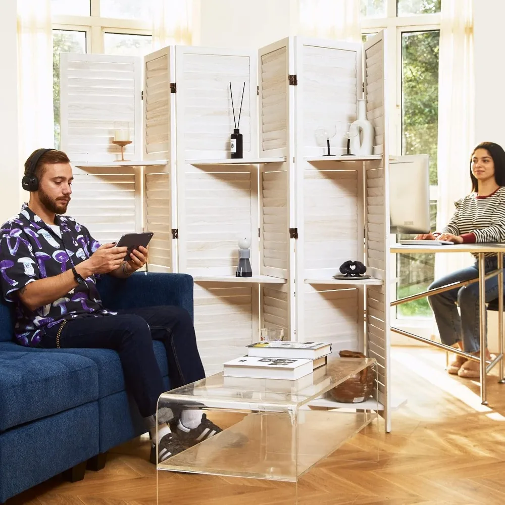 

Partition Room Dividers, Folding Wood Privacy Screen with Three Display Shelves Suitable for Home Office, Study, Art Display - 6