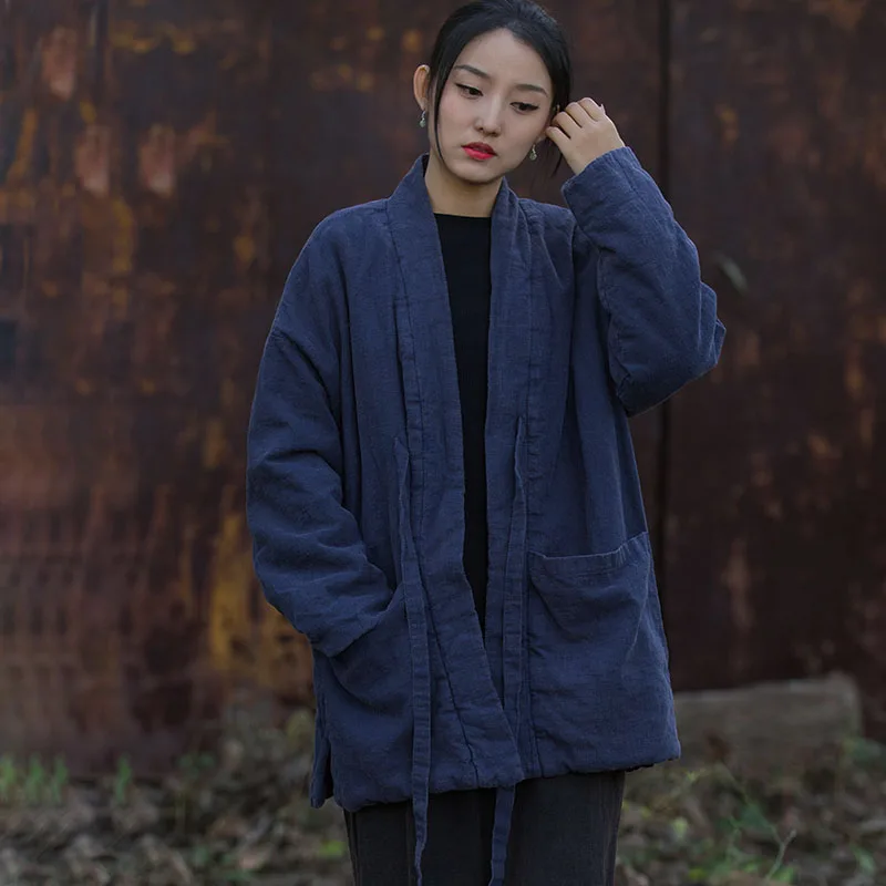 Chaqueta de algodón Hanbok con costuras para mujer, abrigo cálido holgado con cordones y cuello en V estilo kimono para otoño e invierno, chaqueta acolchada informal de longitud media