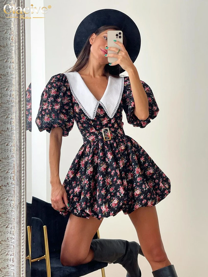 Modne sukienki damskie smukłe nadruk w stylu Vintage z kołnierzem dla lalek bufiaste rękawy Mini sukienki eleganckie plisowane damska sukienka z wysokim stanem