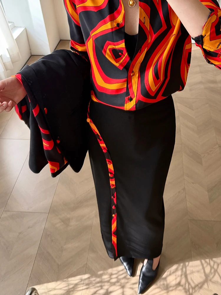 2026 Autumn Women's Clothing Contrast Color Pockets Printed Lining Blazer Two-piece Set + Color Block Slit Hip Cover Skirt Suit
