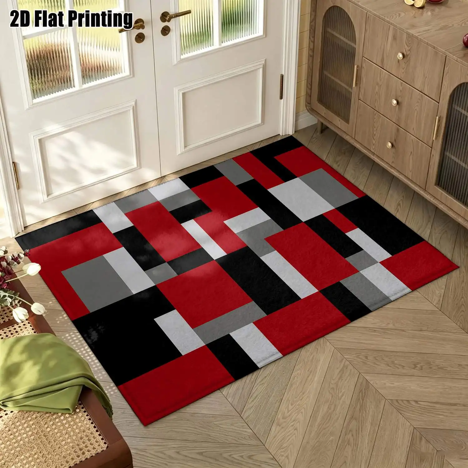 1Pc 2D Printed Carpet: Red, Gray, Black Geometric Abstract Patterns Nordic-Style, Instagram-Inspired, Modern Minimalist, Machine Washable, Multi-Size, Suitable for Home Decor, Multiple Scenes.