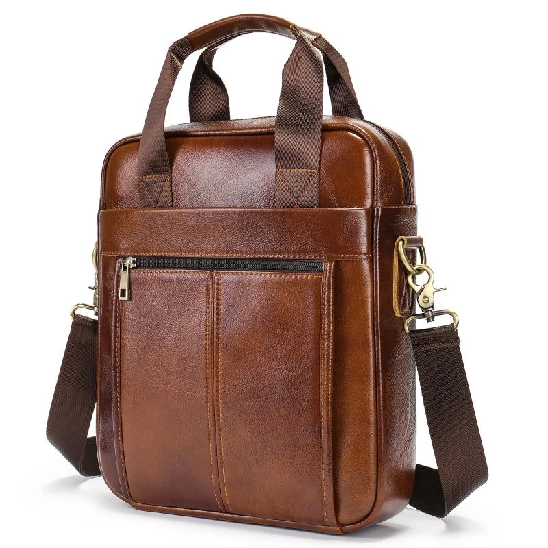 Genuine Leather Vertical Men\'s Briefcase Vintage Business Handbag Office Male Shoulder Messenger Bag