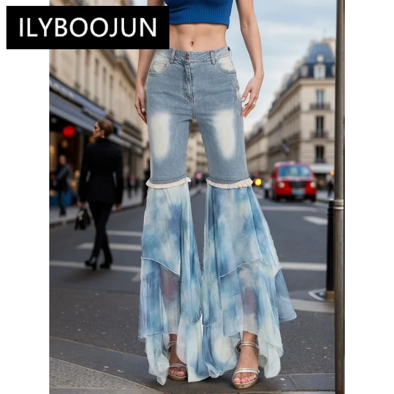 

ILYBOOJUN Streetwear Colorblock Spliced Chiffon Pant For Women High Waist Patchwork Pocket Designer Denim Pants Female New