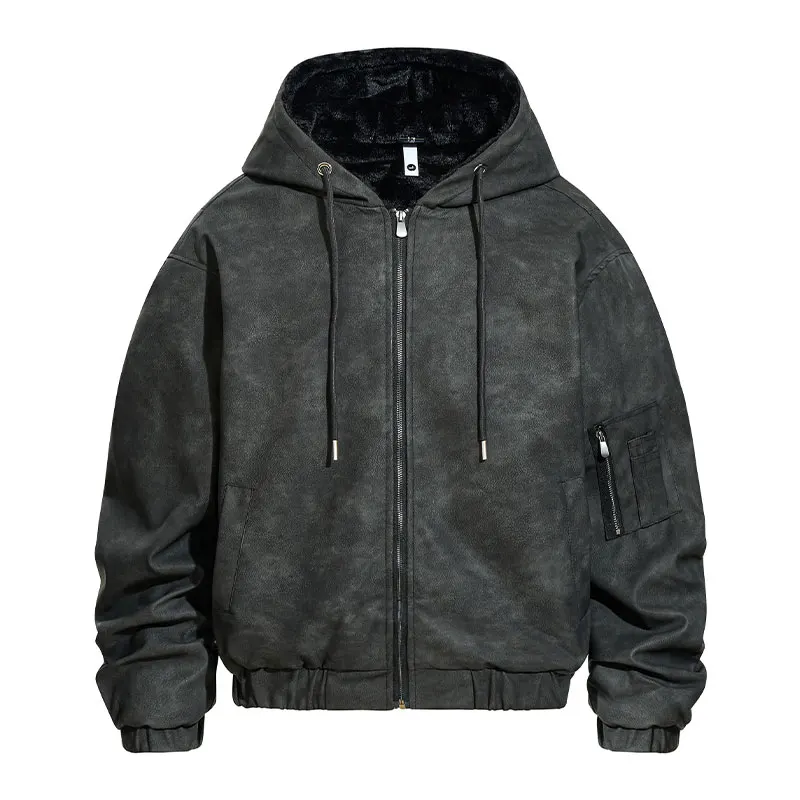 American Sle Suede Hoodie Jaet Men's Women's Loose Fit Personali Couple Outerwear Warm Thi Long Sve Zipper Closure