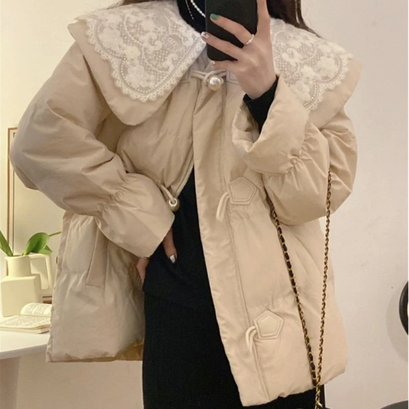 Parkas Women Straight Winter Lace Printed Pearl Zippers Loose Doll Collar Warm Soft All-match Streetwear Fashion Sweet Coats