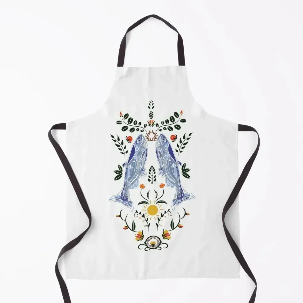 

Salmon and flowers folk art Apron Kitchens Men For Home Accessories women's work kitchen woman Apron