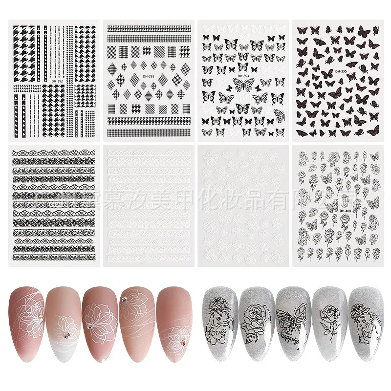 Semitransparent White Flowers Nail Sticker Self Adhesive Decals Star Moon/White Flower/Clouds Kawaii Sliders For Manicure