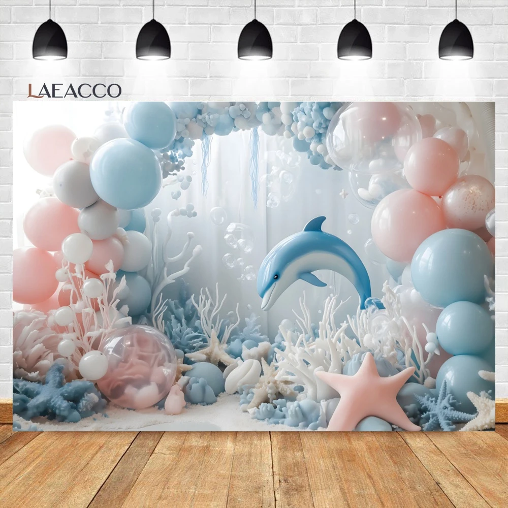 Laeacco Under The Sea Backdrop Underwater Animals Balloons Cute Shark Coral Birthday Cake Smash Portrait Photography Background