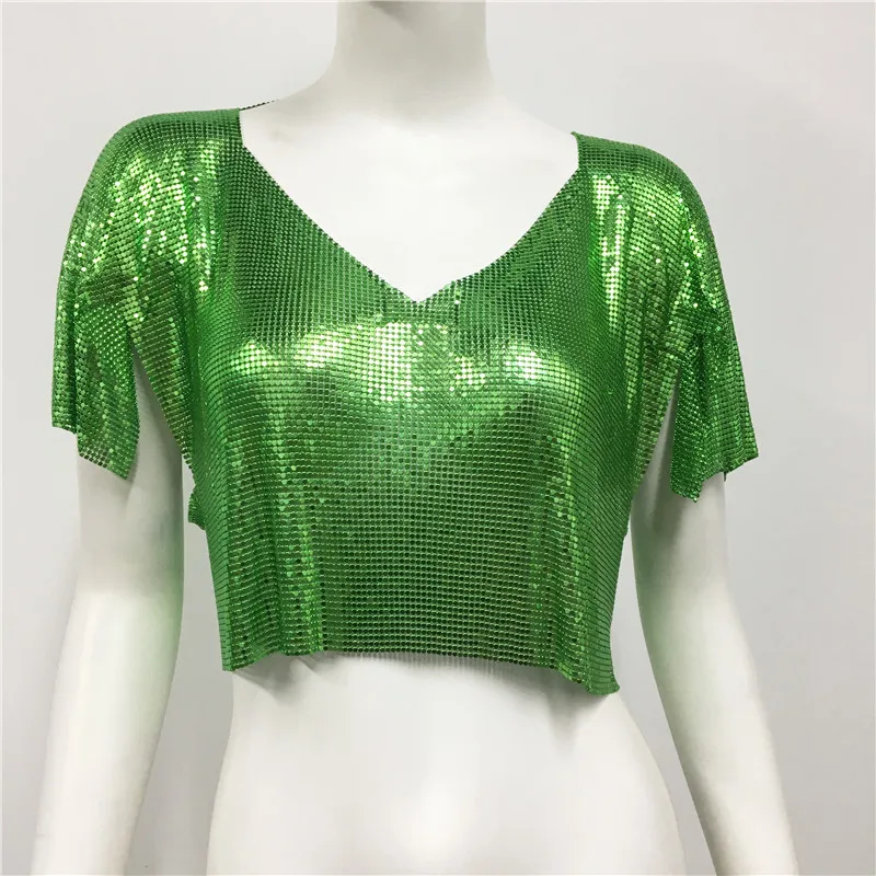 AKYZO Women's Metallic Sequins T-Shirt Short Sleeve V Neck Festival Crop Tops Sexy Club Rave Party Chic Y2K Streetwear Summer