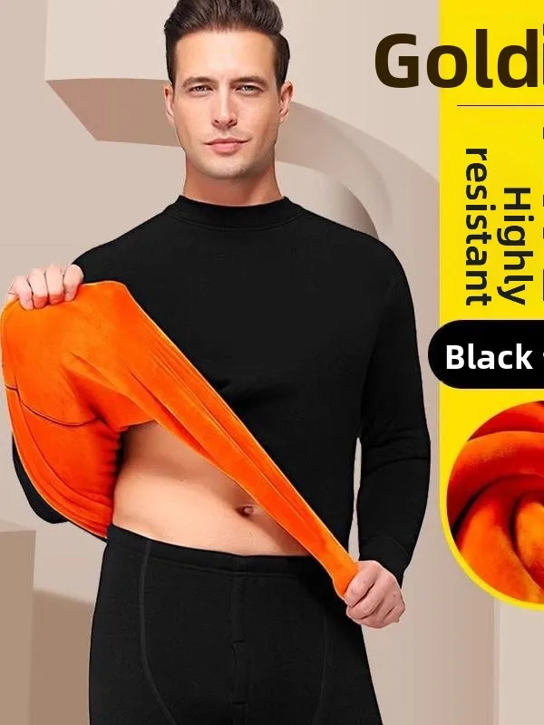 Thickened Fleece Warm Underwear Set Pure Cotton Half High Collar Men's Long Pants Long Sleeve Sleepwear for Middle-Aged And E...