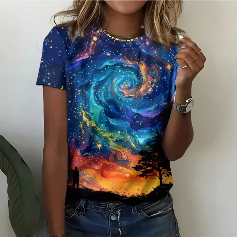 

3D Print Colorful Fruits T Shirt For Women Starry Sky Whale Graphic Short Sleeves Summer Street O-Neck Tees Tops Loose T-Shirts