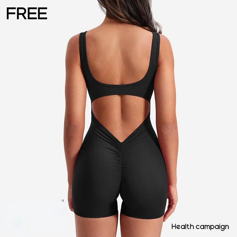 Women\'s Gym Clothing Yoga Solid Ruched Backless Sleeveless Square Collar Skinny Sexy Rompers Ropa Deportiva Mujer Gym Playsuits