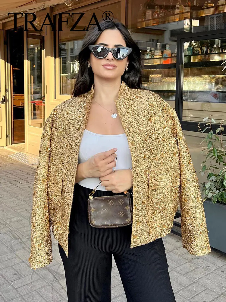 

TRAFZA Coats For Woman 2023 New Gold Sequin Decoration Loose Short Jacket Female With Pockets High Street Women's Autumn Coats