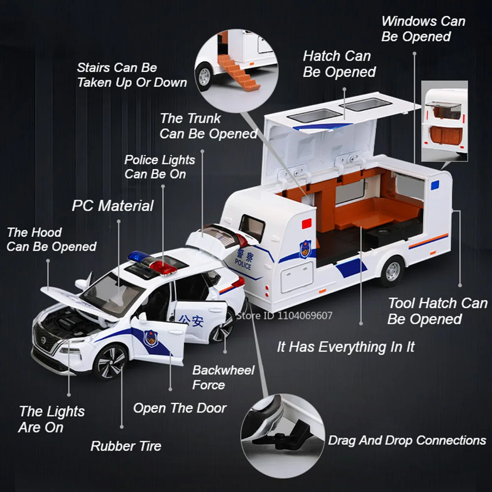 1:32 X-TRAIL Modello di auto giocattolo Pressofuso in lega Auto della polizia Tirare indietro Porte aperte Suono Luce Pneumatici in gomma Campeggio RV Regali per i ragazzi