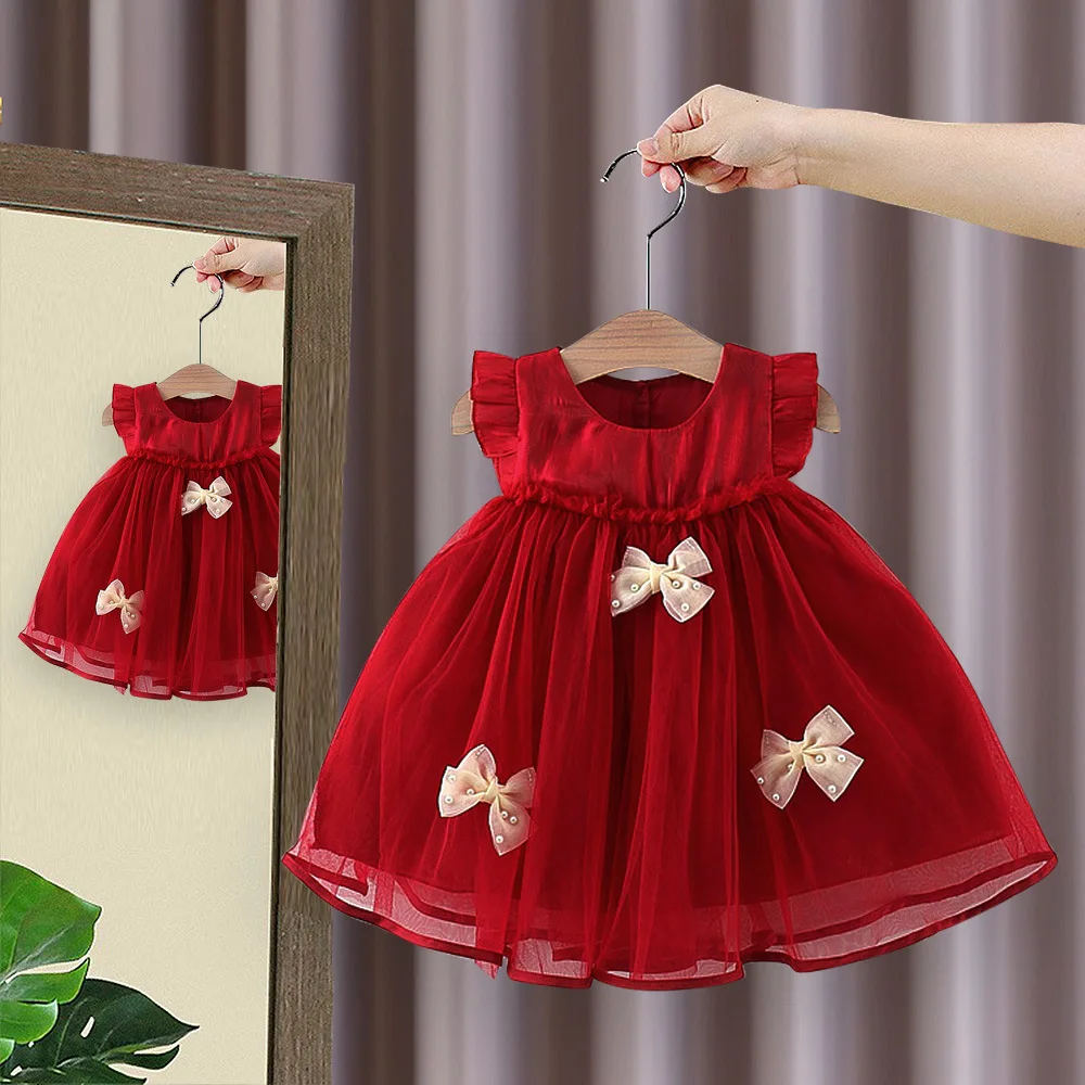 Baby Girl Newborn Clothes Cotton Red Short Sleeve Mesh Dress Baby Girl Korean Style Sweet Birthday Dress for Kids Girl