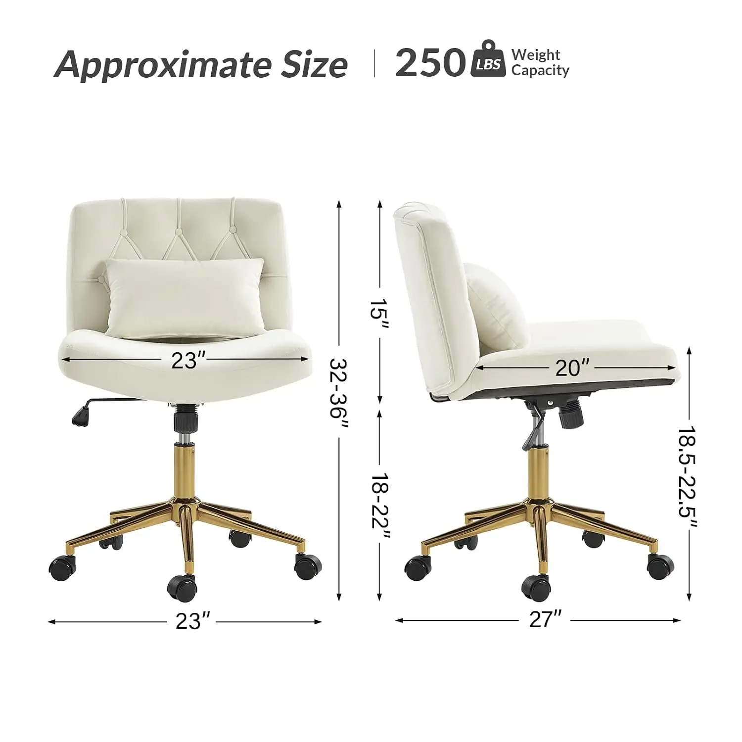Cross Legged Wide Seat Desk Chair with Wheels & Lumbar Support, Ergonomic Office Chair for Home, Ivory, Customized