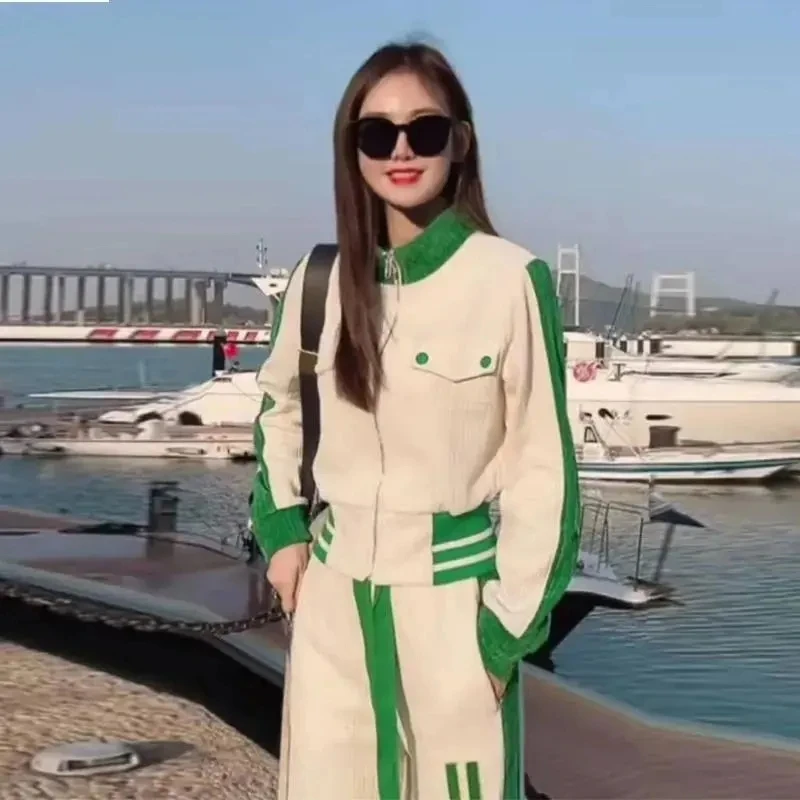 Streetwear Casual Tracksuit Two Piece Set Women Outfits Korean Long Sleeve Zip Up Crop Jacket + Fashion Loose Wide Leg Pant Suit