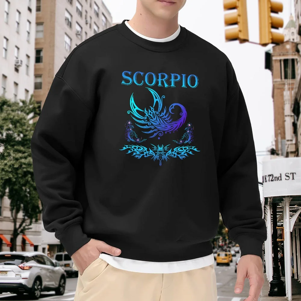 

Men's Black Crew Neck Sweatshirt with Scorpio Print, Trendy Top, Loose Casual Street Style, Versatile and Comfortable for Everyday Wear and Sports