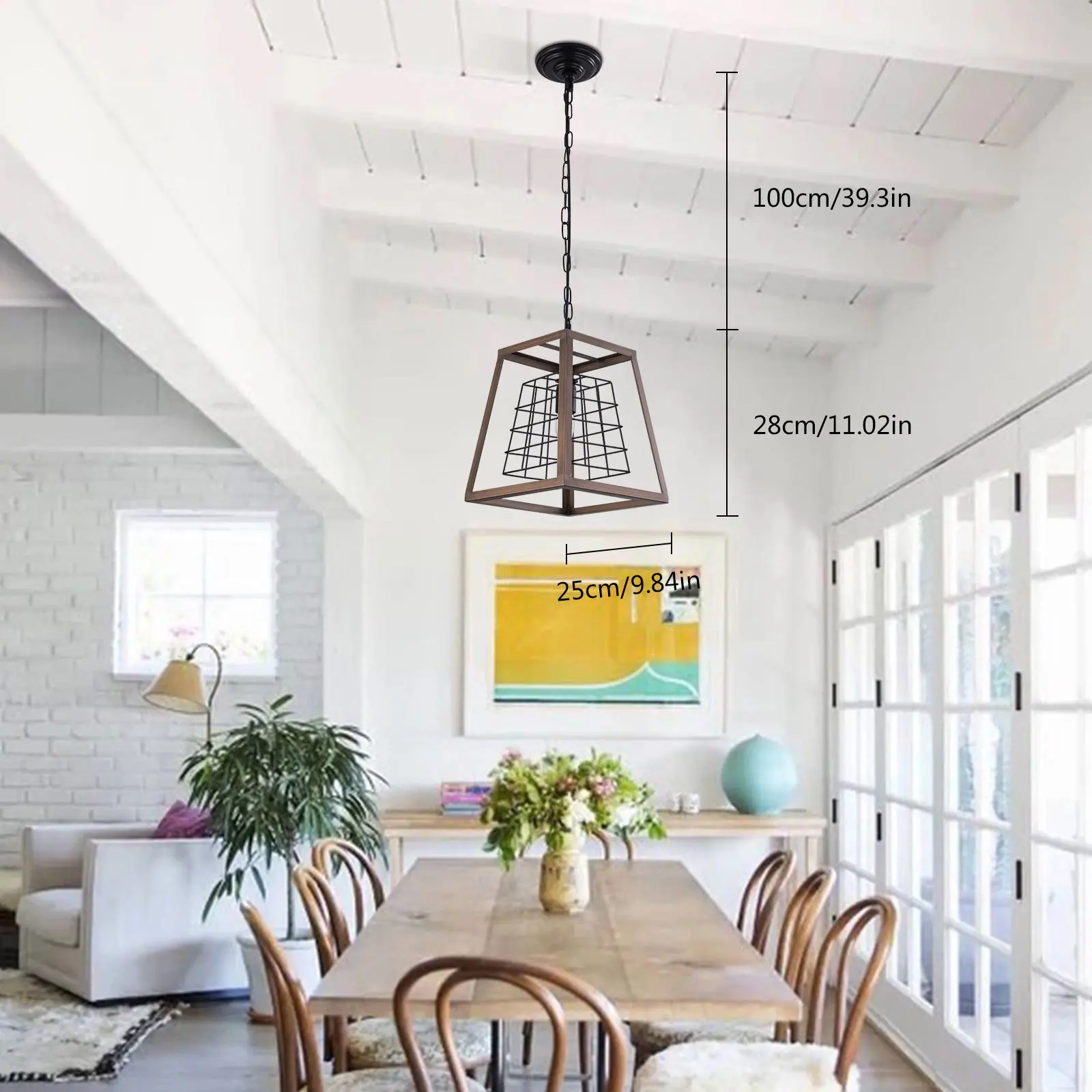 Modern Farmhouse Style Pendant Lamp Attic Living Room Ceiling Light Metal & Wood Creative Long Chandelier for Dining Room