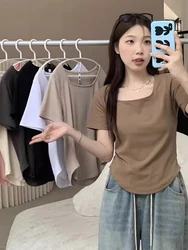 plus Size Women's Sweeti Slimming T-irt Summer New Sle Square Collar ort Sve Commute Sle Korean Version Slim Fit
