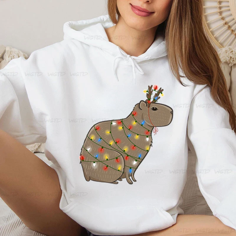 Christmas Hoodies Women Funny Cartoon Capybara Pullovers Cute Casual Hoody O-Neck Capybara Print Long Sleeves Female Sweatshirt