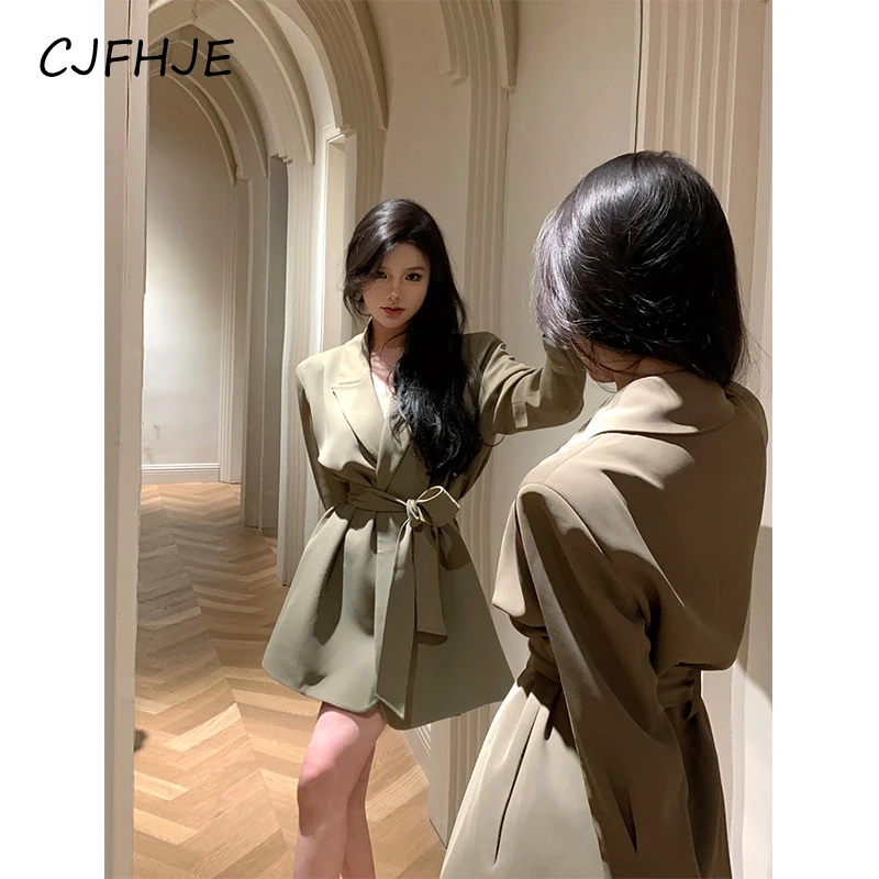 CJFHJE Elegant Blazers Women Korean Green Bandage Suit Jackets Lace Up Office Lady Midi Coat Streetwear Casual All Match Outwear