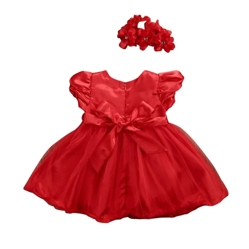 Baby Girl Dress Short Sleeve Princess Red Dress Summer Newborn Infant Lace Gown Clothes Toodler Girls Party Birthday Dress 0-2Y