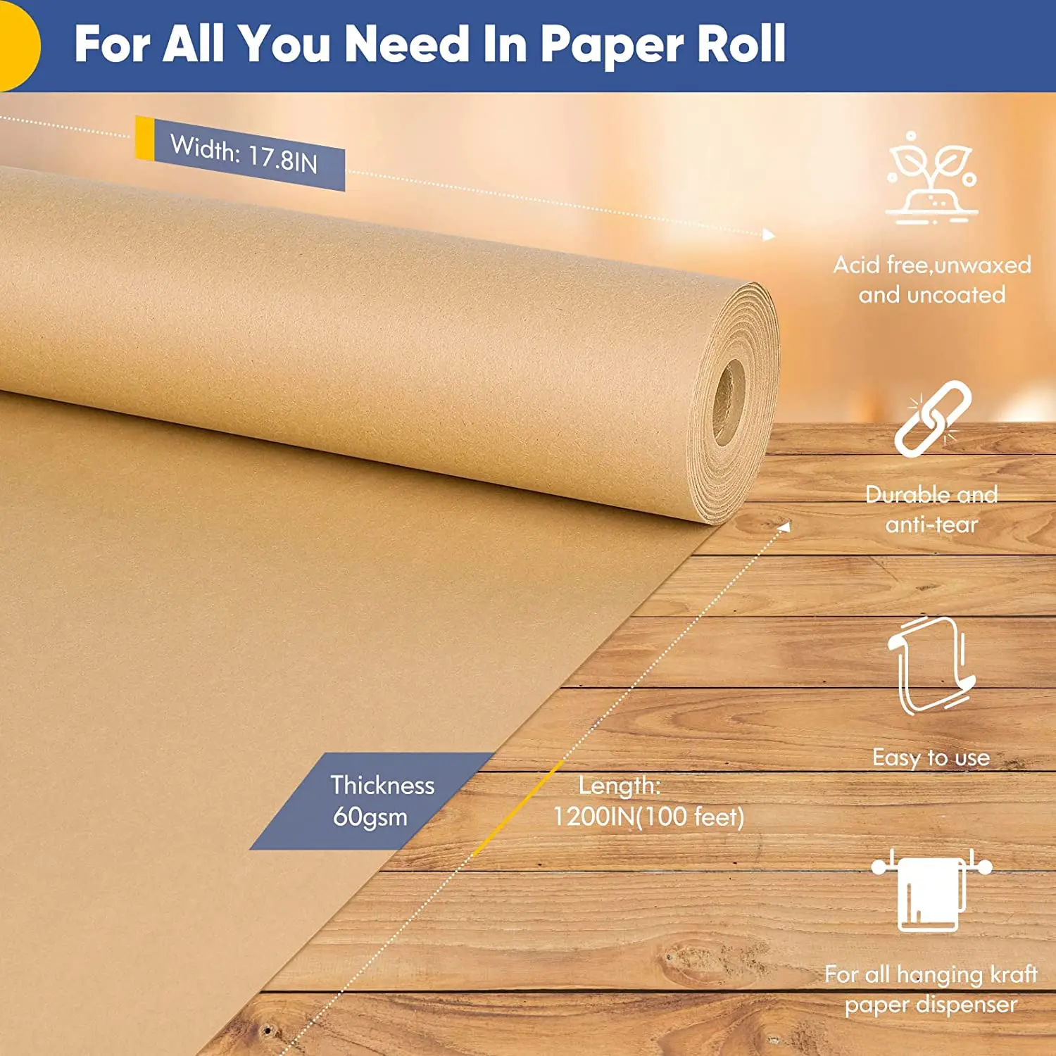 Wrapping Paper, Craft Paper, Brown Kraft Paper Roll for Gift Wrapping, Floor Covering, Bulletin Board, Arts Crafts