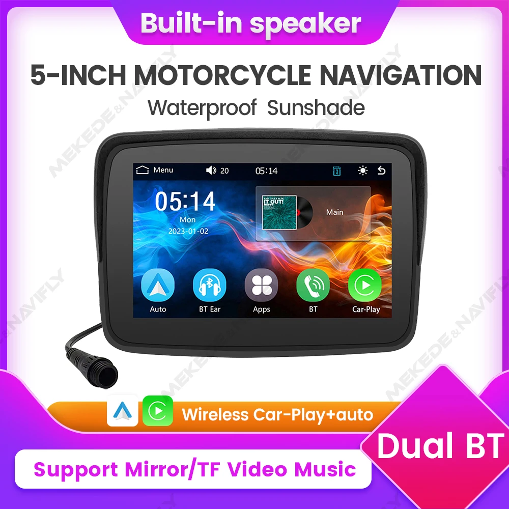 5inch Portable Motorcycle GPS Navigation Wireless Carplay Auto IPX7 Waterproof Sunshade Function LCD Display Built-in Speaker BT