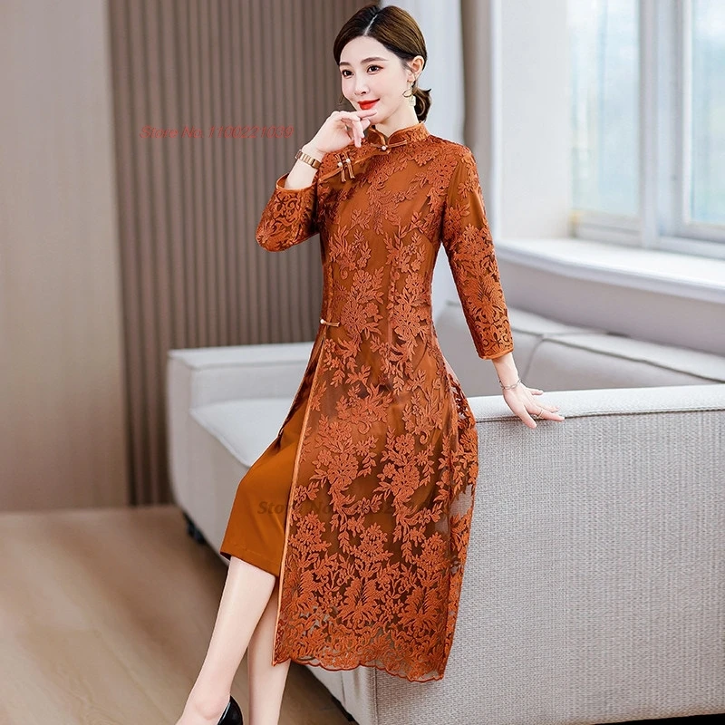 2026 vietnam traditional dress ao dai vintage lace flower improved cheongsam oriental stage qipao party banquet evening dress