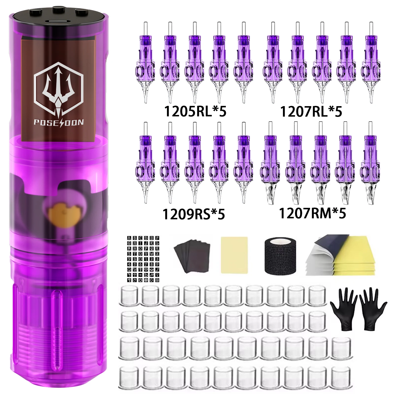 Zestaw do tatuażu POSEIDON Zestaw pisaków do makijażu permanentnego Zestaw do tatuażu Hot Purple Zasilacz do tatuażu Pistolet do tatuażu