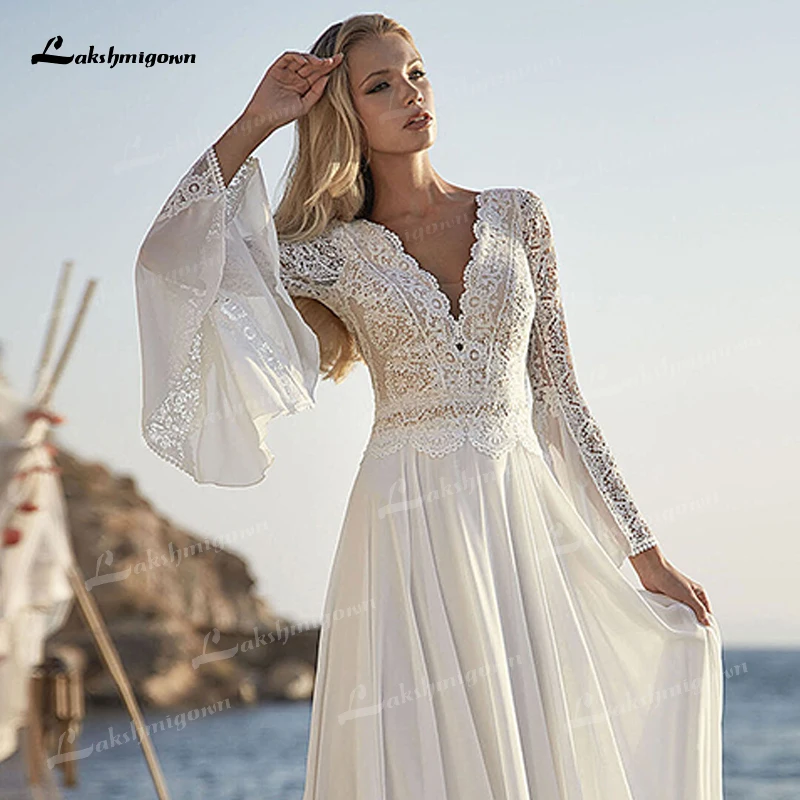 Praia boho com decote em v sexy sem encosto completo alargamento manga rendas apliques a linha vestidos de casamento chiffon vestidos de noiva varredura vestido