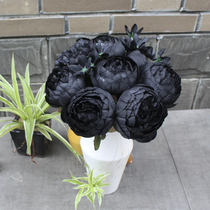 12 Head Black Rose Artificial Flowers Simulation Peony Bouquet Home Room Wedding Halloween Chritmas Party Decoration Fake Flower