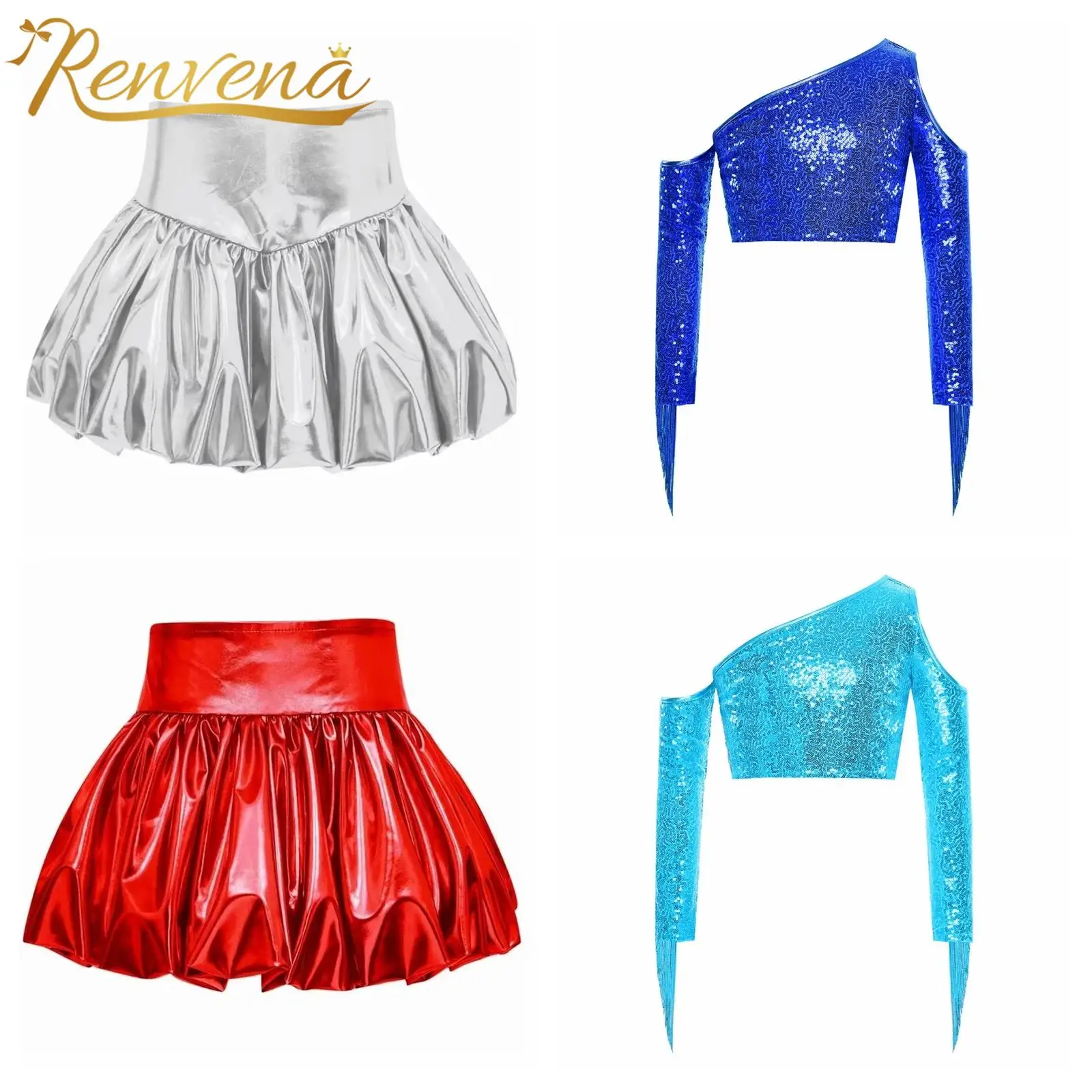 Kids Girls Stage Performance 70s Disco Jazz Dance Clothes Metallic Shiny Tassels Dancewear Children's Party Suits Streetwear