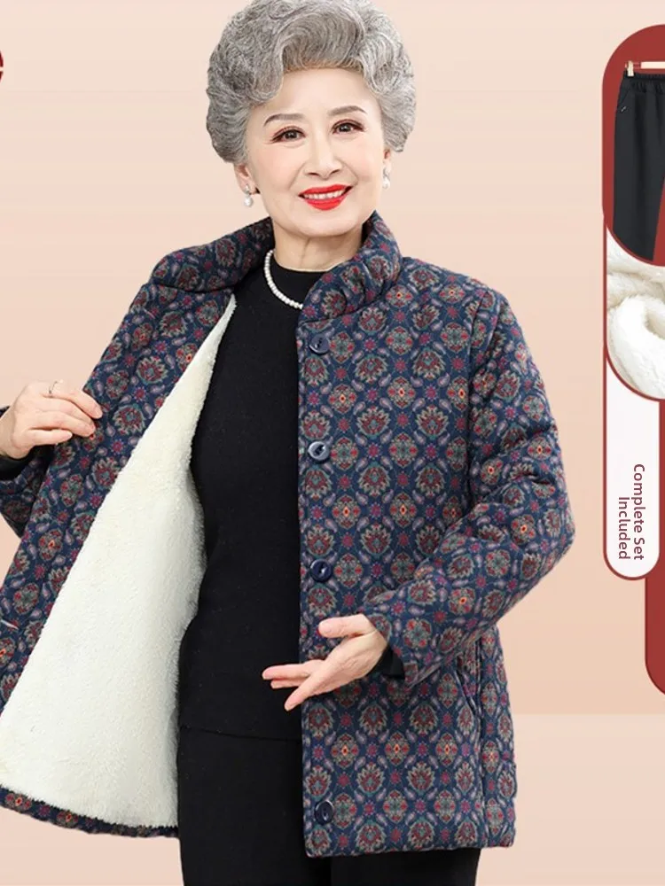 

New Floral Print Women's Thickened Fleece Lined Short Cotton Jacket Warm Coat for Older Ladies And Grandmothers Winter Outerwear
