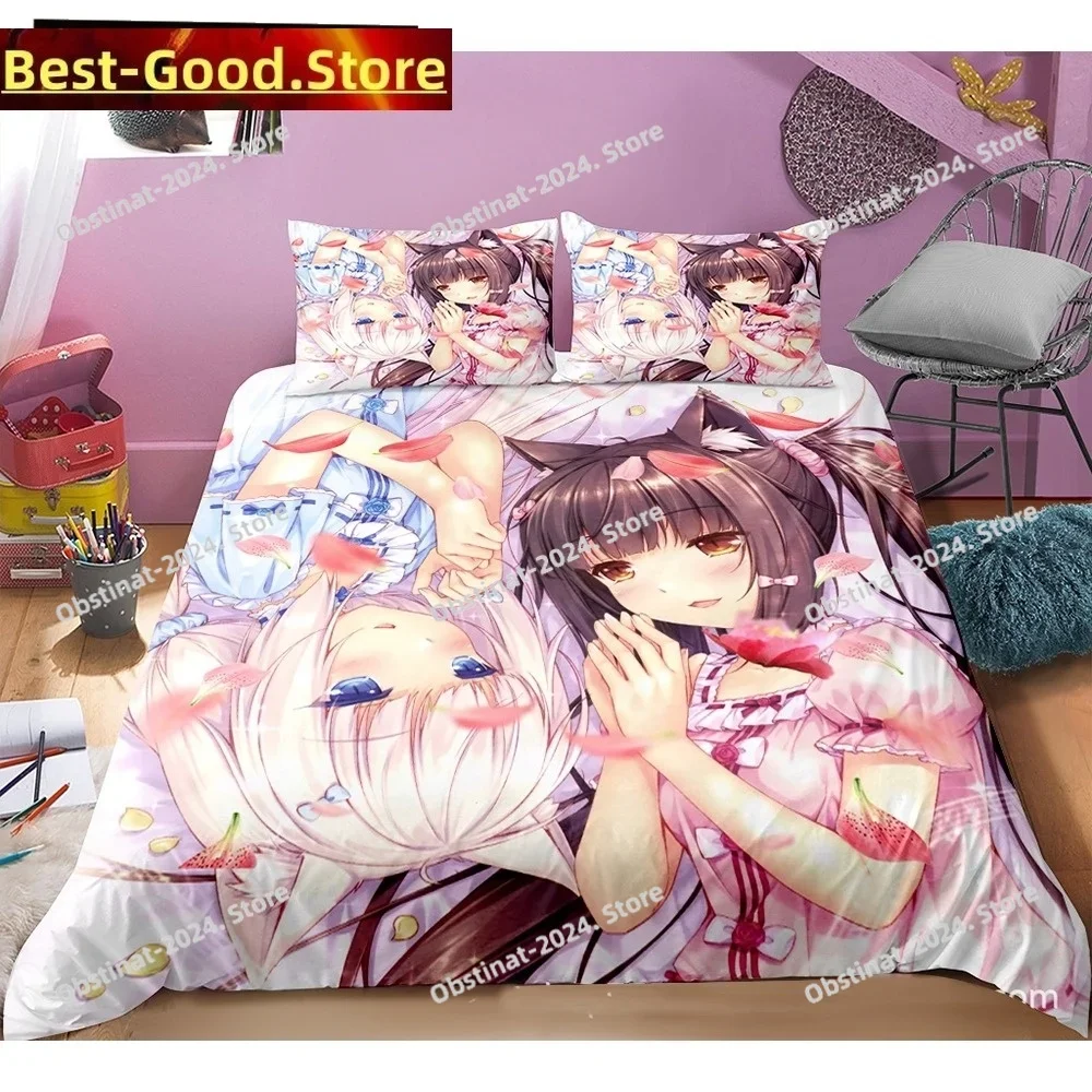 

Cute Anime Cat Maid Pattern NEKOPARA Bedding Set Game Printing Duvet Cover and Pillowcase Bedroom Decorate for Otaku Teens