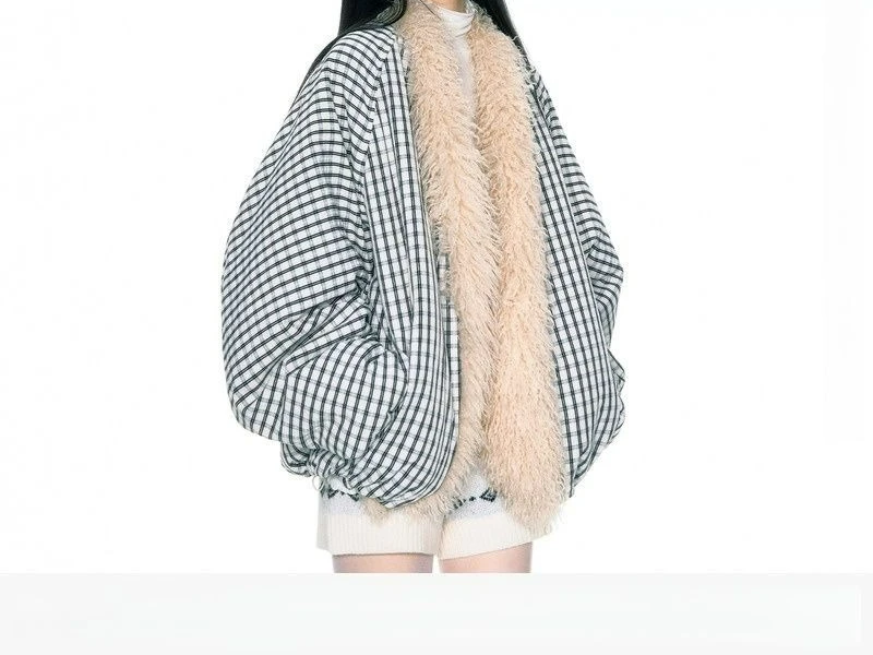 2025 Winter New Plaid Patchwork Eco-Friendly Fur Collar Warm Slim Cotton Jacket for Women