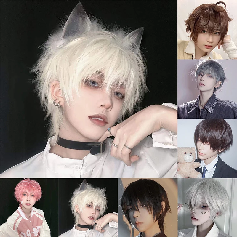

Short Straight Cosplay Men Boy Party Orange Light Yellow Synthetic Heat Resistant Hair Wigs Men's Breathable Wig