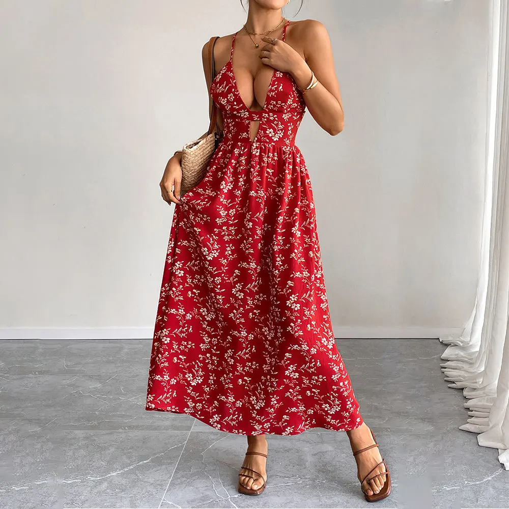 NOVEDAD DE VERANO 20225, vestido Retro francés con cuello en V para mujer, vestido de tirantes, moda dulce Floral, vestidos largos adelgazantes para mujer