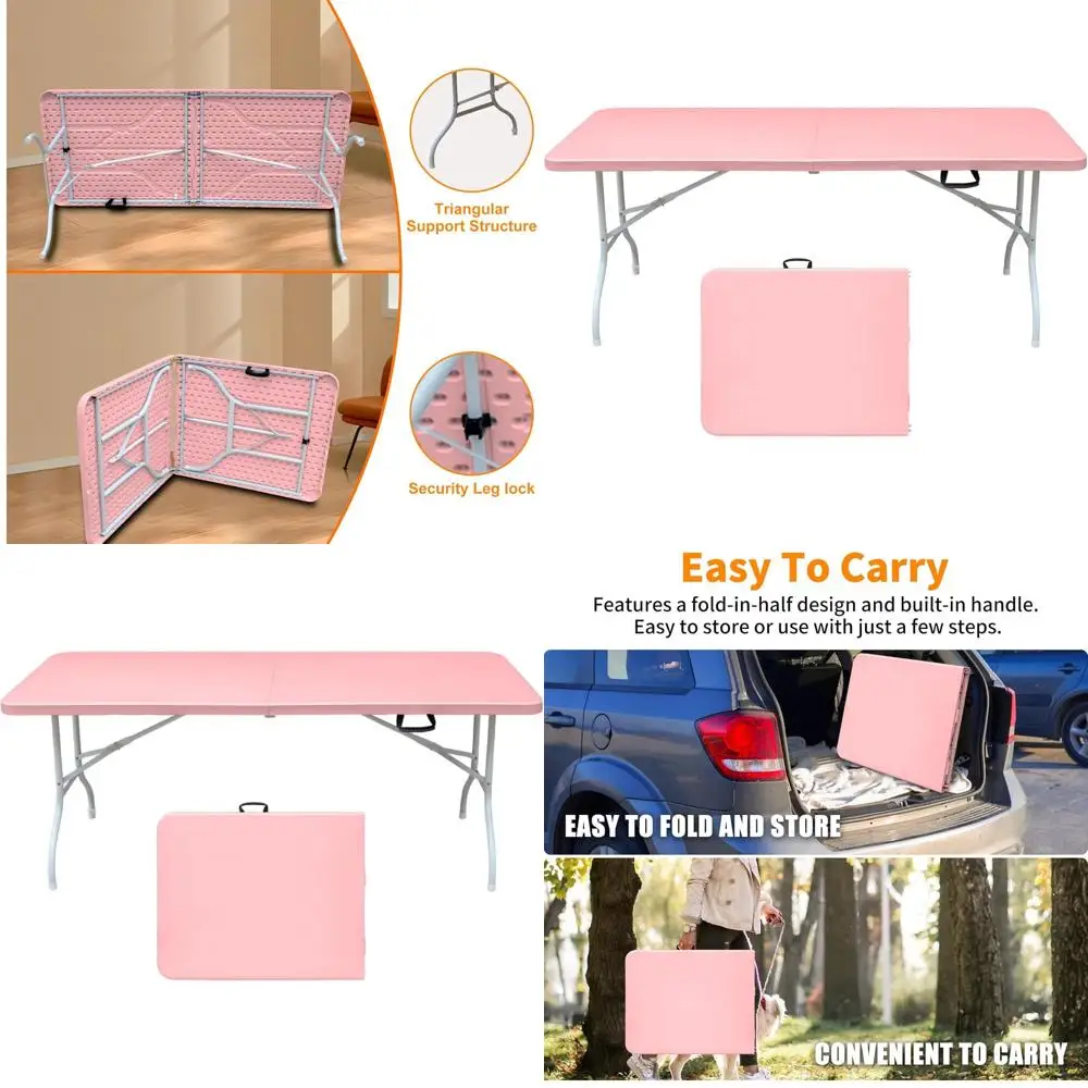 

Portable Pink Folding Table with Carry Handle, Half-Size Plastic Table for Indoor and Outdoor Use